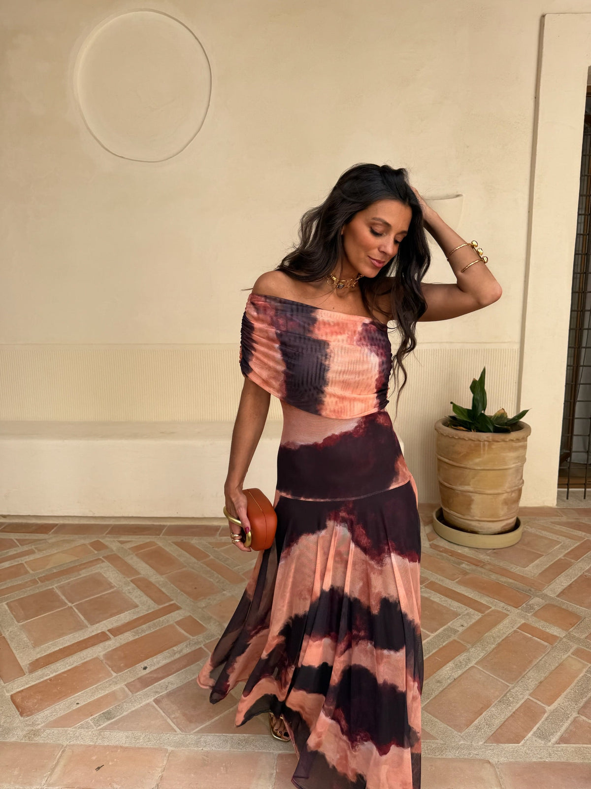 Toledo dress with orange and brown print