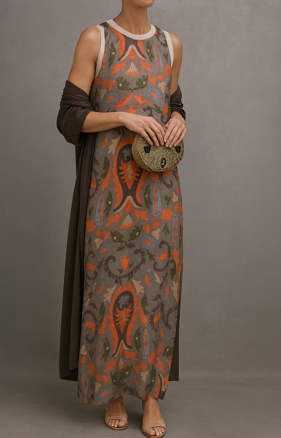 Elina | Conjunto de vestido largo estampado con chaleco a juego