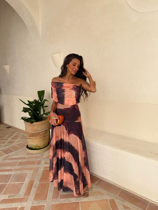 Vestido de Toledo con estampado en naranja y marrón