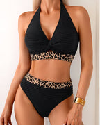 Bikini de rayas con estampado de leopardo y bloques de color