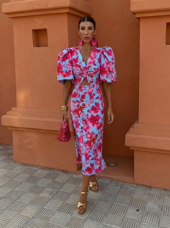 Carla | Printed Midi Dress with Puff Sleeves