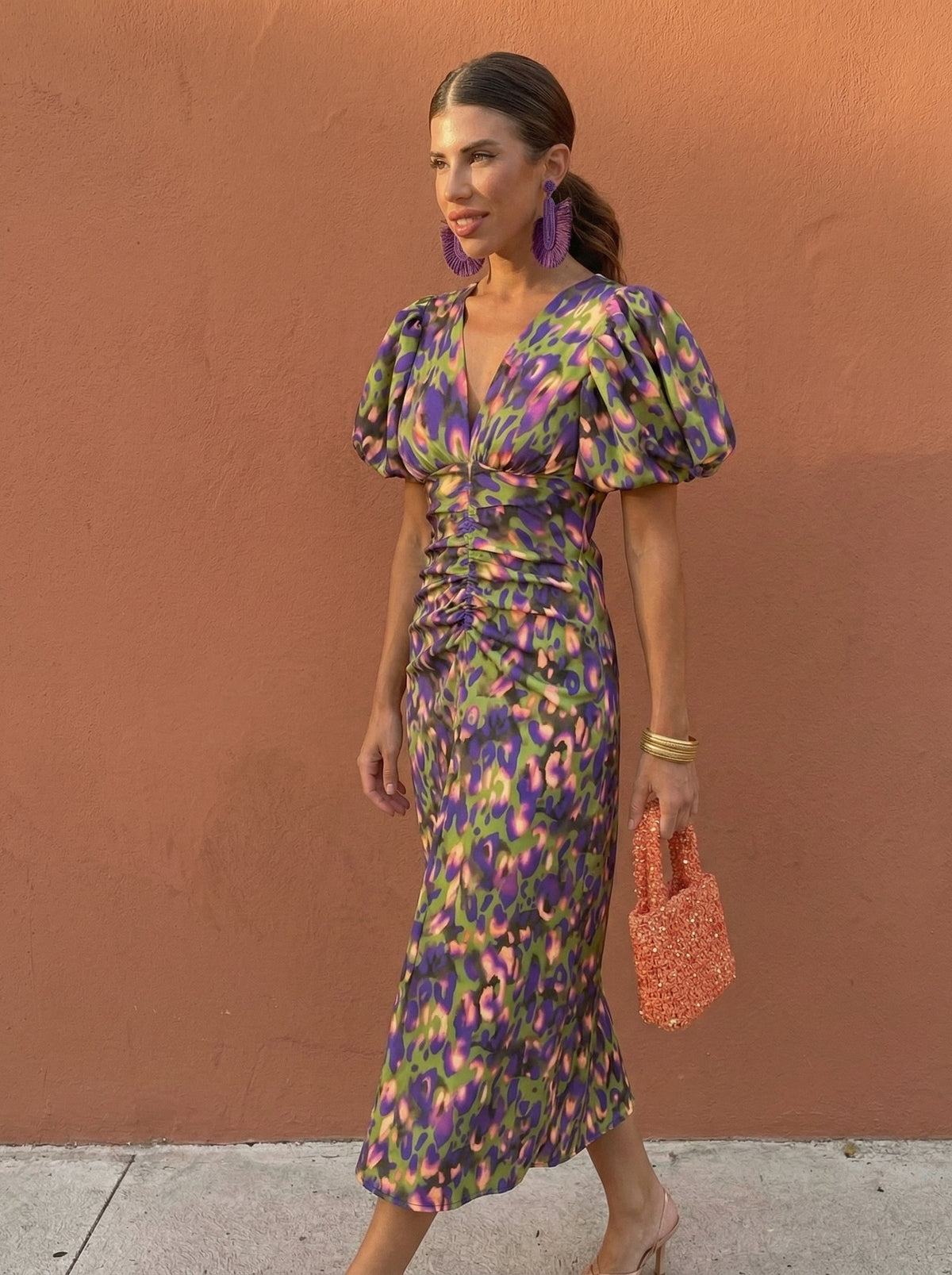 Carla | Printed Midi Dress with Puff Sleeves