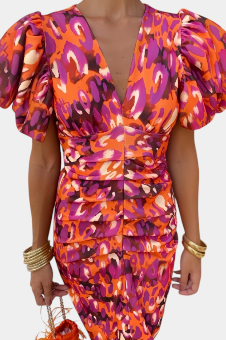 Carla | Printed Midi Dress with Puff Sleeves