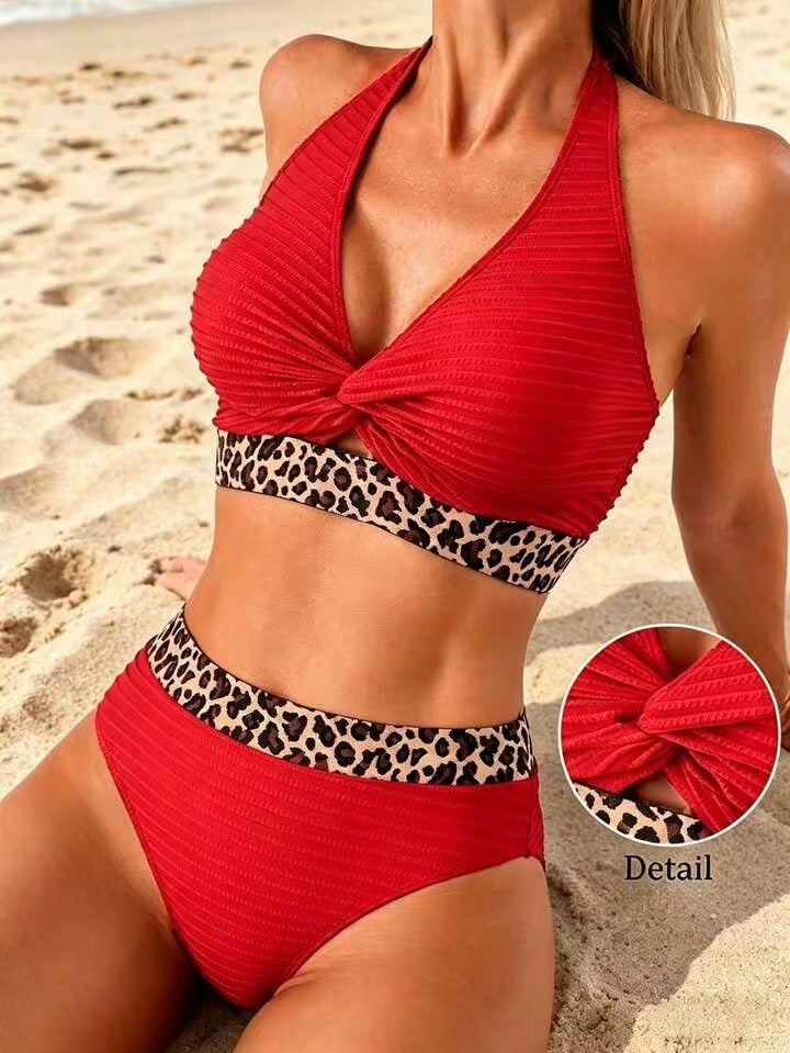 Bikini de rayas con estampado de leopardo y bloques de color