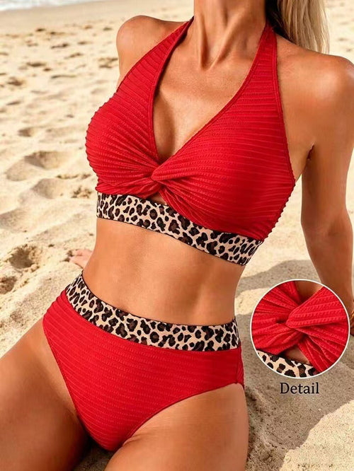 Bikini de rayas con estampado de leopardo y bloques de color