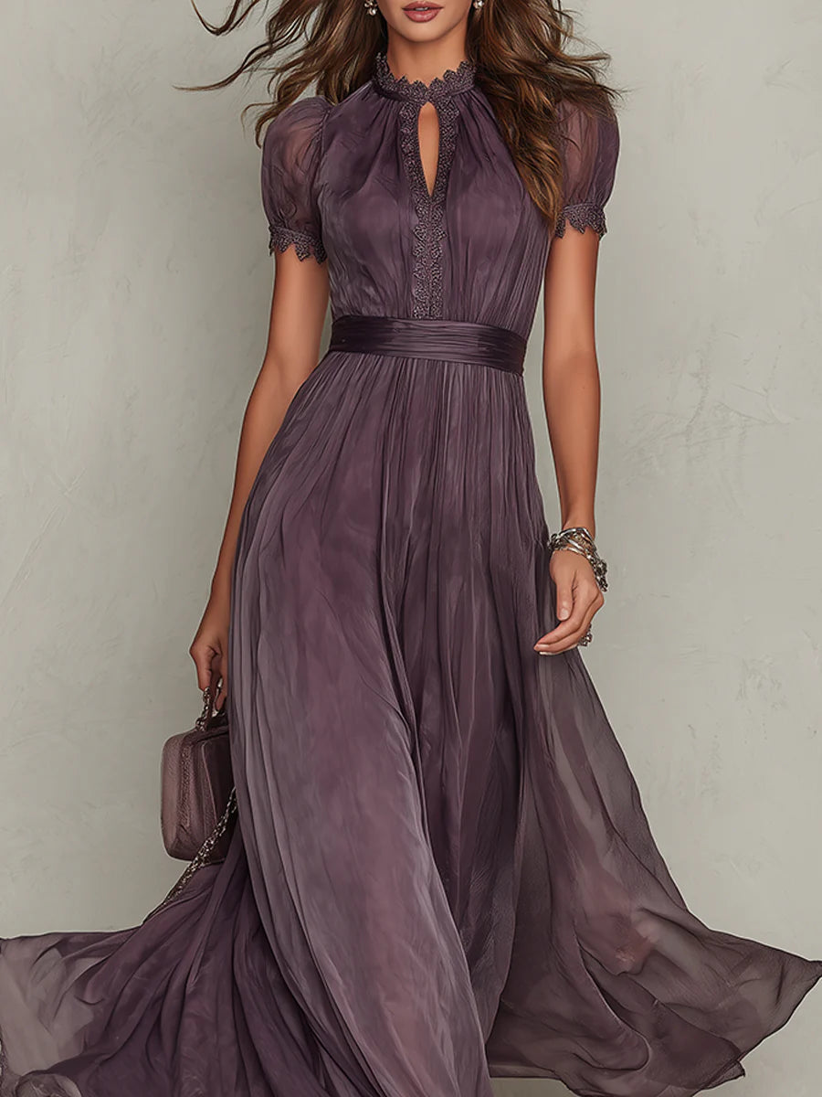Florbella - Vestido largo de gasa morada con encaje y escote