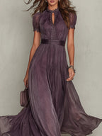 Florbella - Vestido largo de gasa morada con encaje y escote