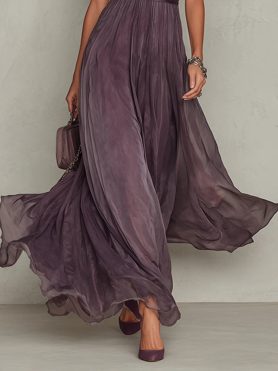 Florbella - Vestido largo de gasa morada con encaje y escote