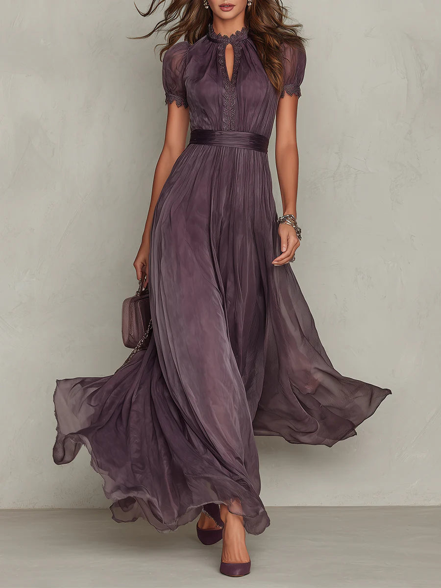 Florbella - Vestido largo de gasa morada con encaje y escote