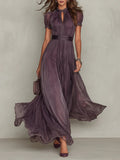 Florbella - Vestido largo de gasa morada con encaje y escote