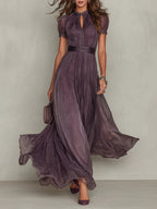 Florbella - Vestido largo de gasa morada con encaje y escote