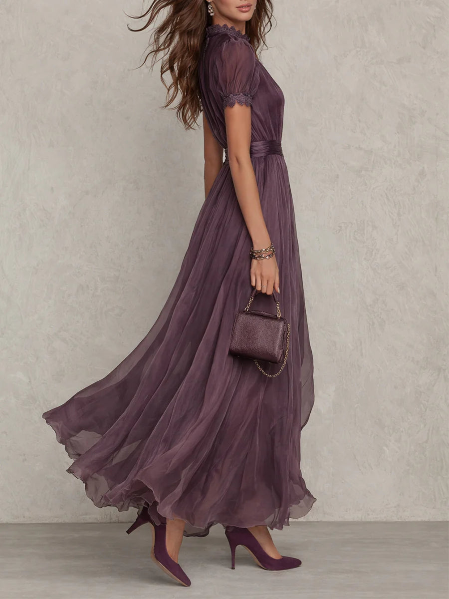 Florbella - Vestido largo de gasa morada con encaje y escote