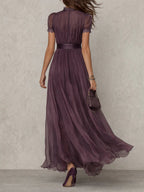 Florbella - Vestido largo de gasa morada con encaje y escote