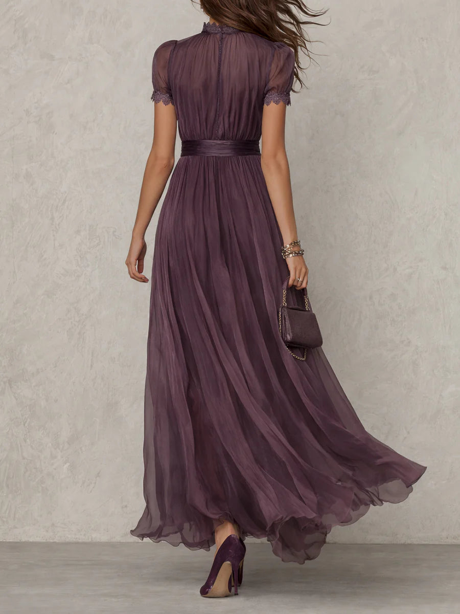 Florbella - Vestido largo de gasa morada con encaje y escote