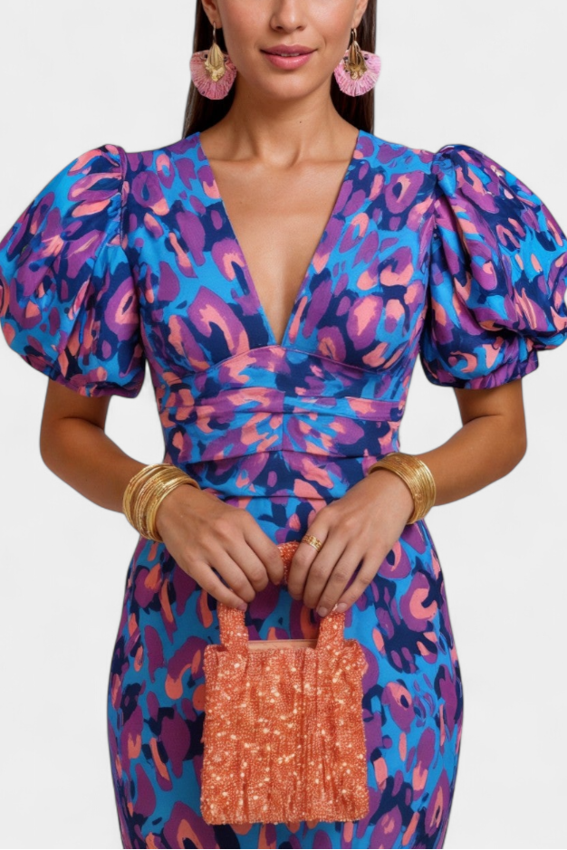 Carla | Printed Midi Dress with Puff Sleeves
