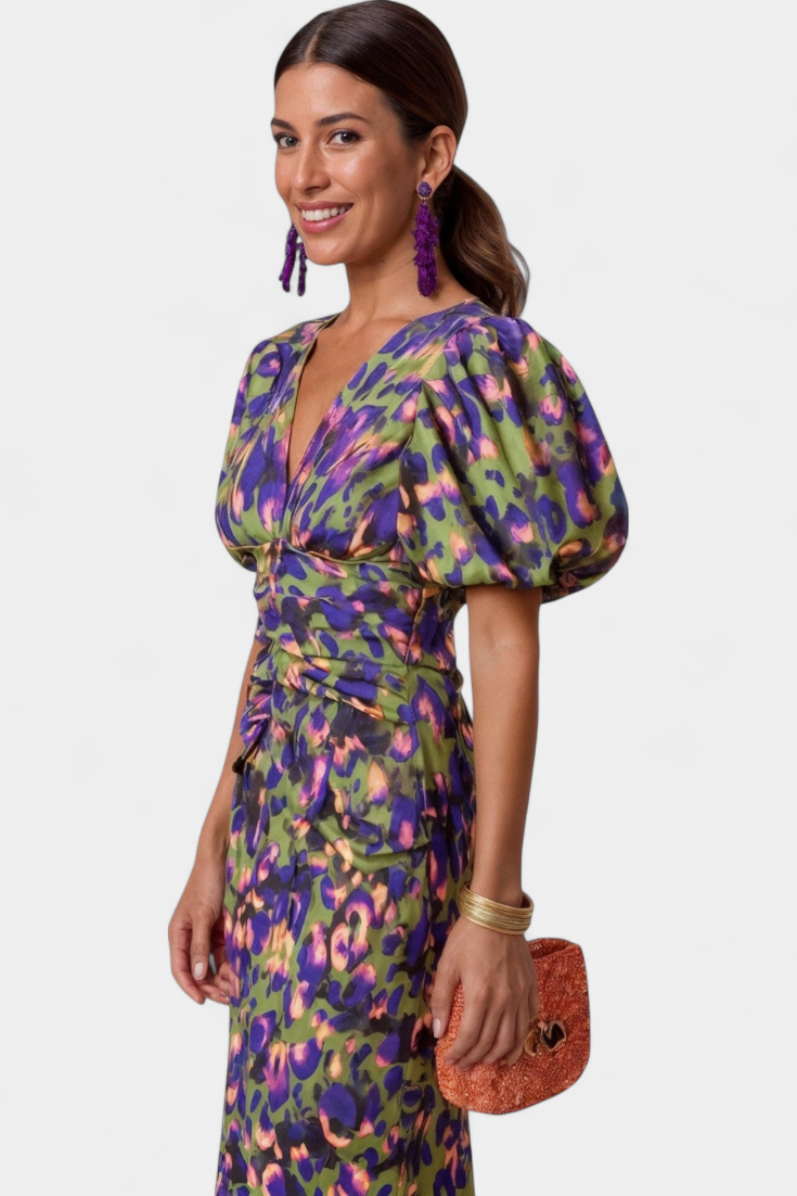 Carla | Printed Midi Dress with Puff Sleeves