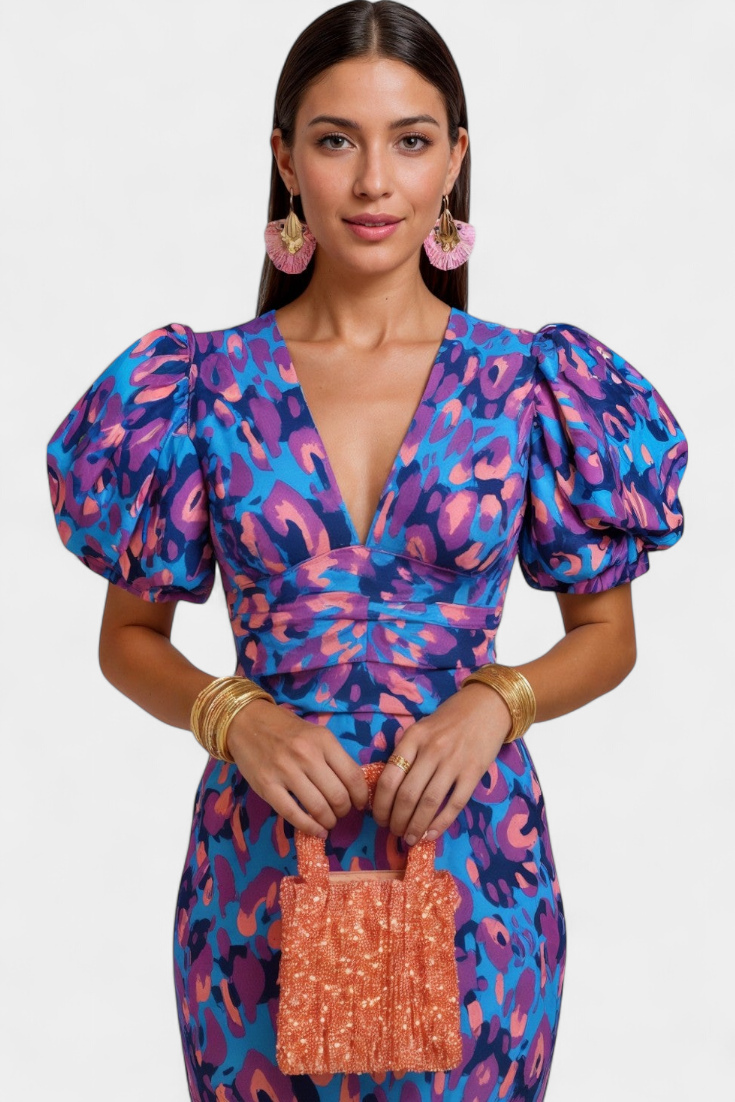 Carla | Printed Midi Dress with Puff Sleeves