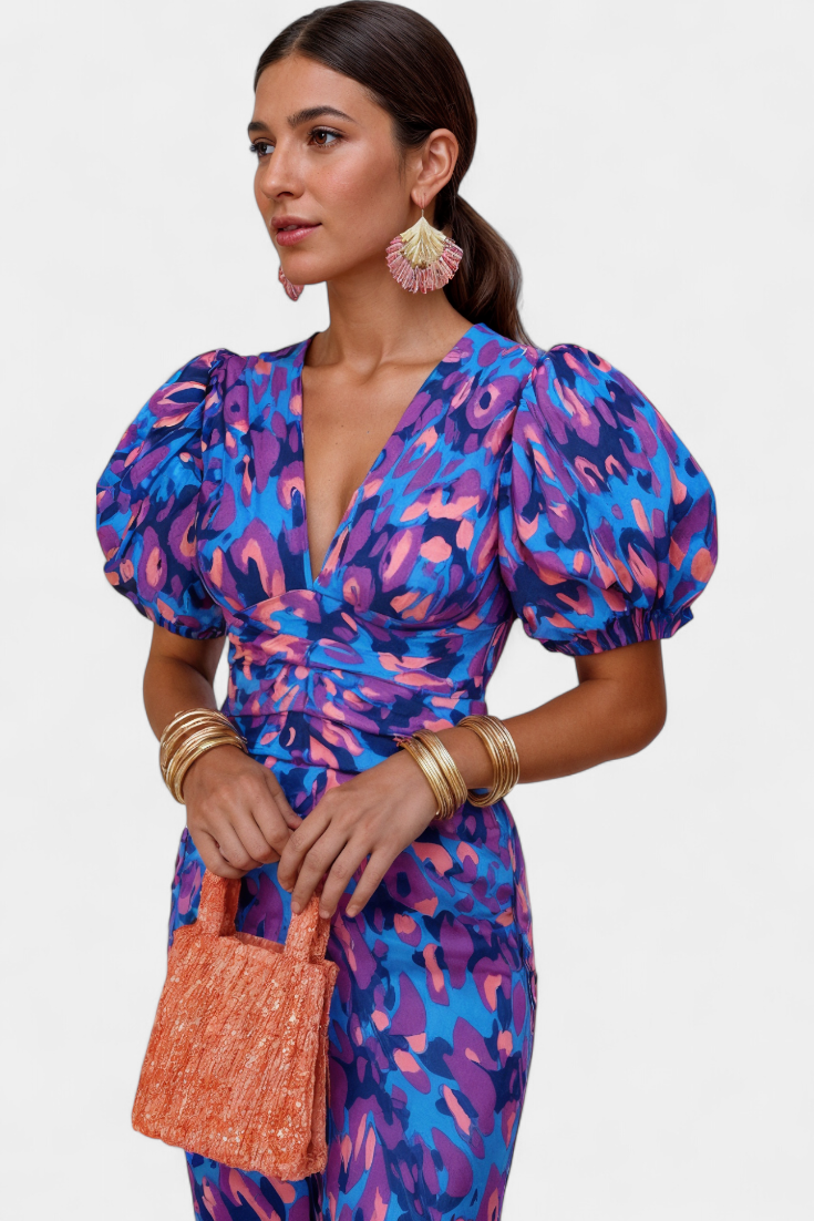 Carla | Printed Midi Dress with Puff Sleeves