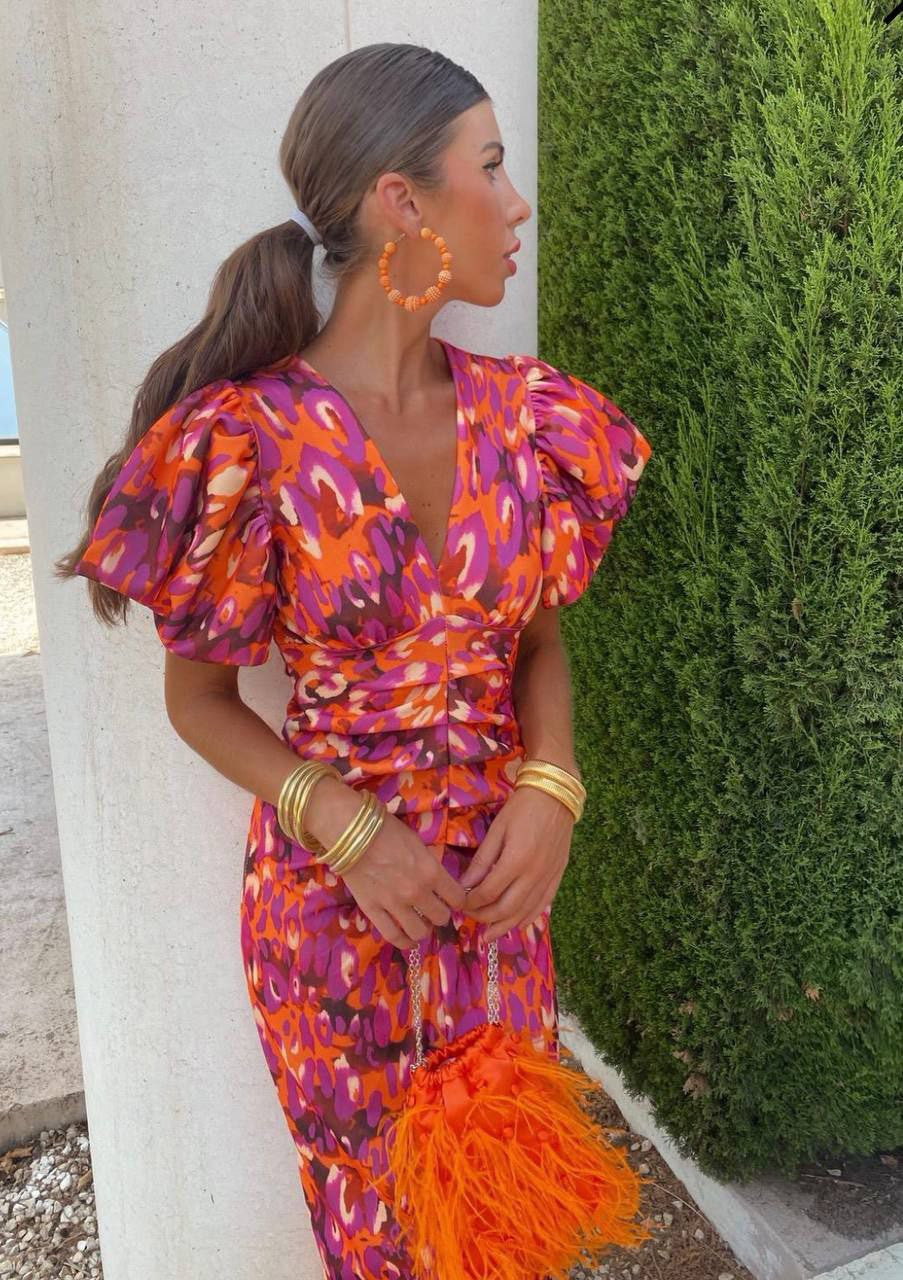 Carla | Printed Midi Dress with Puff Sleeves