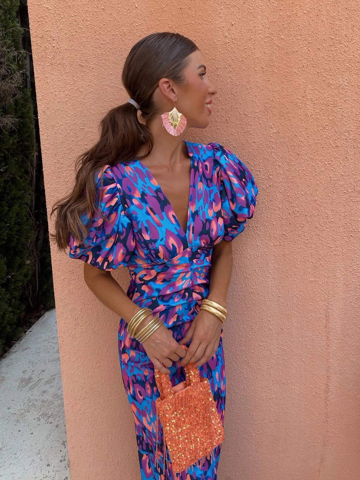 Carla | Printed Midi Dress with Puff Sleeves