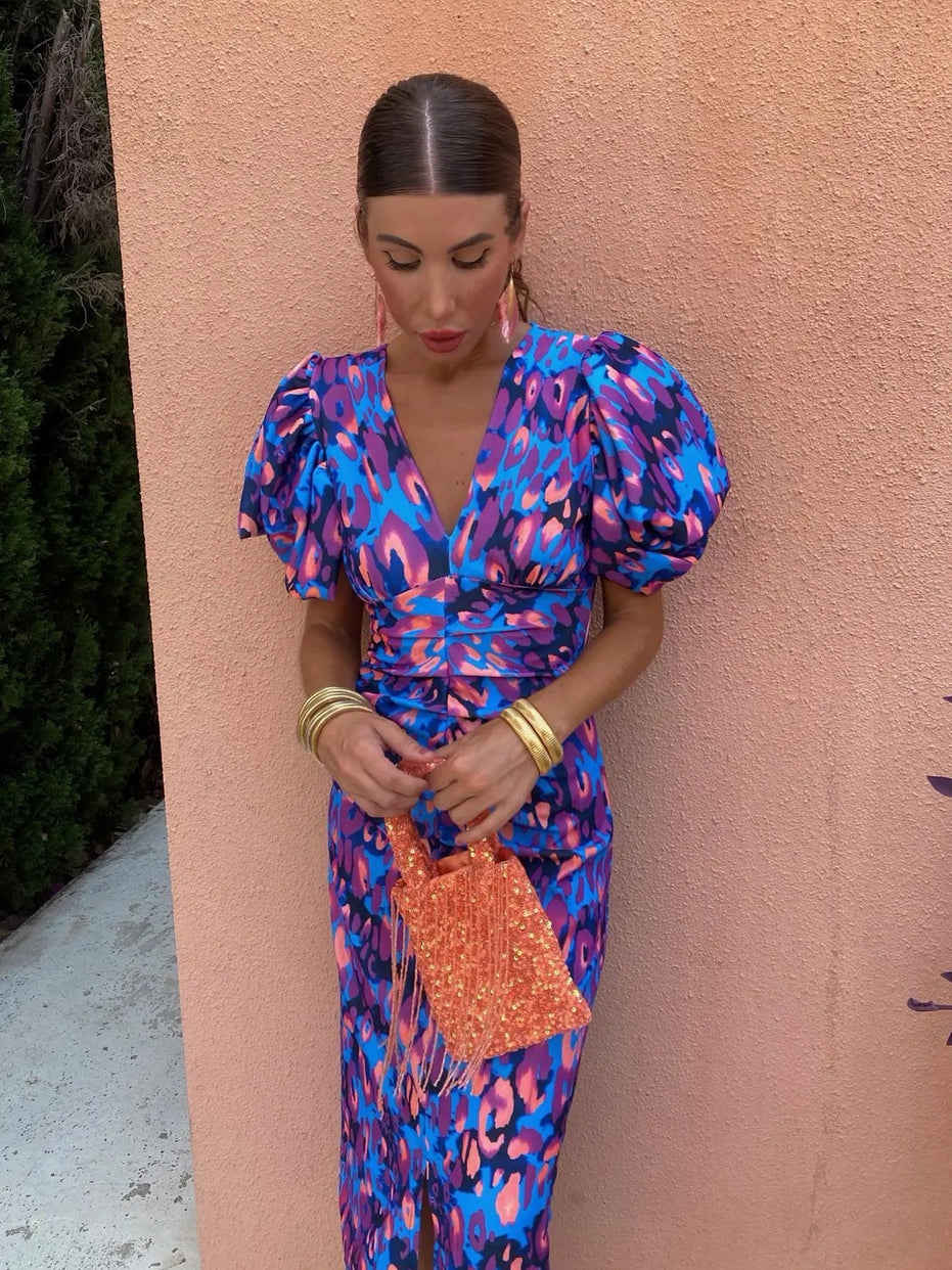 Carla | Printed Midi Dress with Puff Sleeves