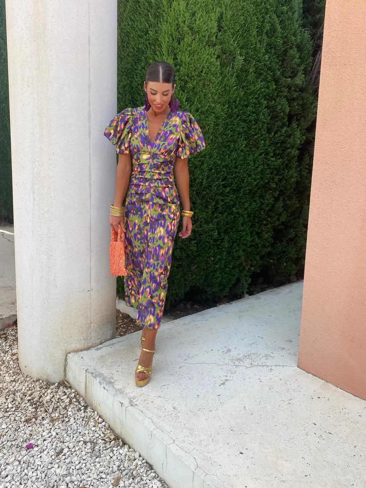 Carla | Printed Midi Dress with Puff Sleeves