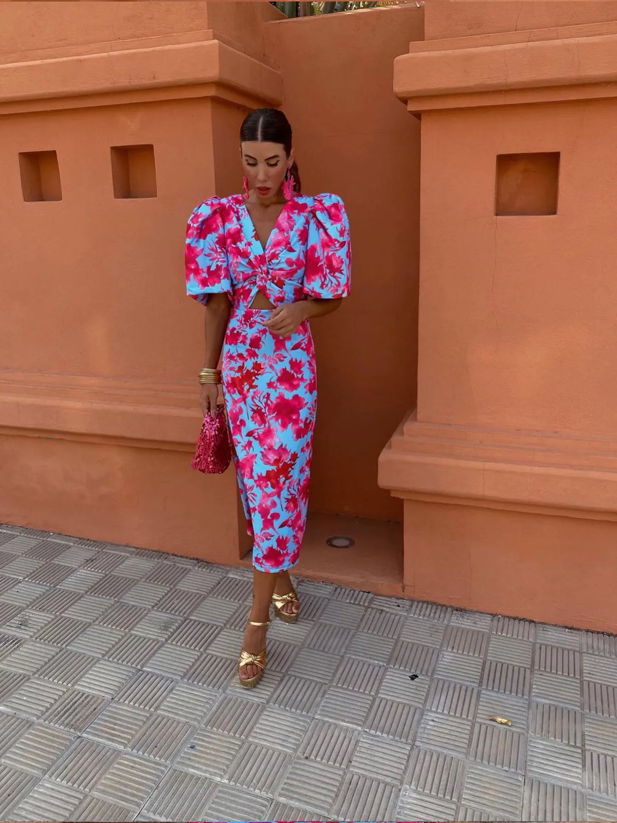 Carla | Printed Midi Dress with Puff Sleeves